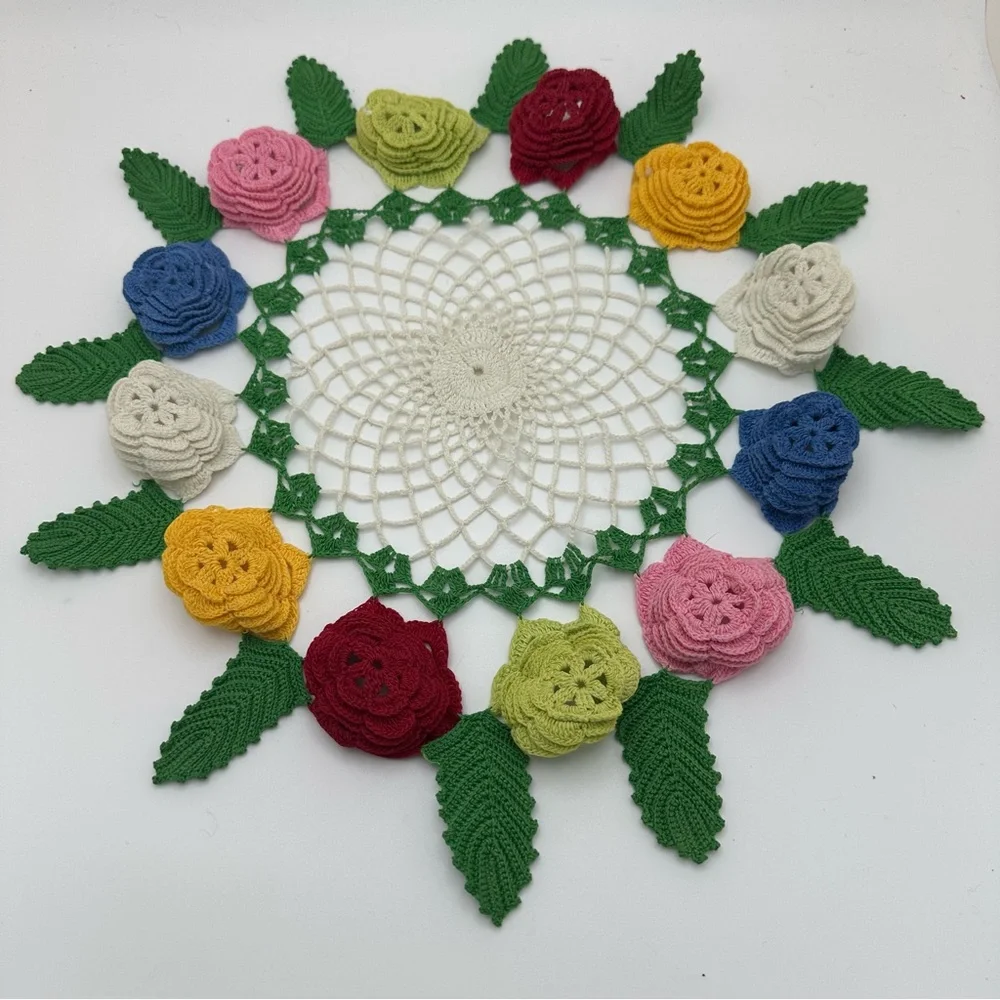 Vintage Hand-Crocheted Doily with 3D Floral Edging – 15
